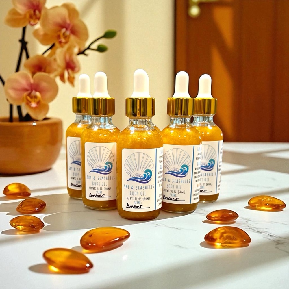 Hand Crafted “Amber” Scented Body Oil by Sky & Seashells Skincare